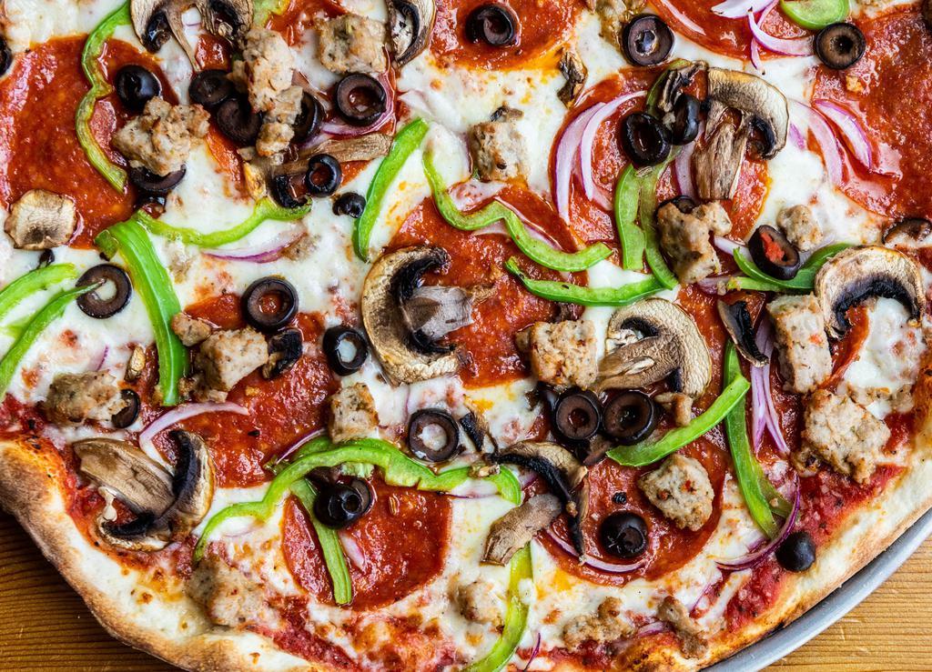 Stagger Lee · Italian Sausage, Pepperoni, Red Onions, Green Bell Peppers, Black Olives, & White Mushroom