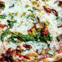 Guiche · Vegetarian. Fresh Spinach, Green Chiles, Roasted Garlic, Sun-Dried Tomatoes, Goat Cheese