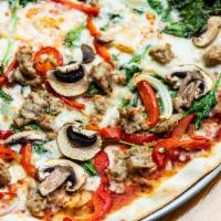 Smors · Italian Sausage, White Mushrooms, Roasted Onions & Red Bell Peppers, Fresh Spinach