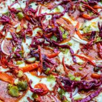 Damone · Pepperoni, Green Chiles, Roasted Garlic & Red Bell Peppers, Red Onions, Spicy Slaw