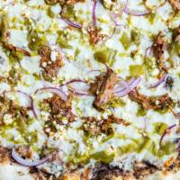 El Dorado · Pulled Pork, Green Chiles, Red Onions, Feta, with a Jalapeno-Garlic sauce drizzle!