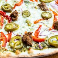 Mean Green · Homemade Meatballs, Red Onions, Jalapeños, Roasted Red Bell Peppers, Goat Cheese