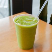 Queen Green · Made with avocado, kale, cucumber, celery, apple, ginger, coconut water, and ice. Add a bana...