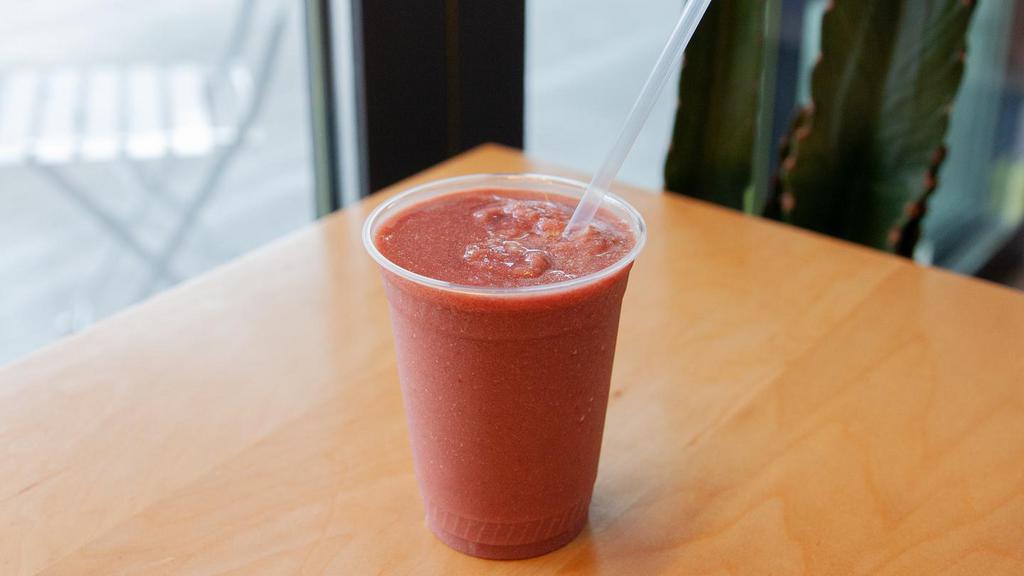 Berried Alive · Made with acai, strawberries, goji berries, dates, coconut water, and ice.