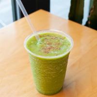 Green Kingdom · Made with avocado, vanilla, lucuma protein, kale, flax meal, blue or green algae, banana, co...
