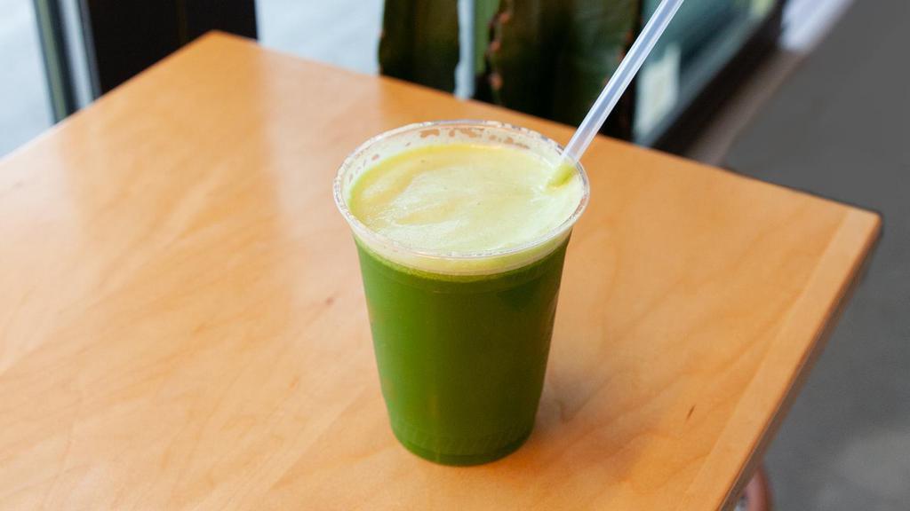 Green Elemonator · Made with cucumber, celery, kale, parsley, lemon, and ginger. Add an apple for an additional charge.