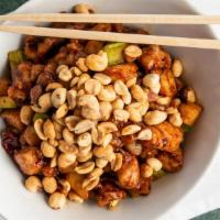 Kung Pao Chicken · Hot and spicy. Hot! Diced chicken, water chestnuts, celery and peanuts in spicy sauce.