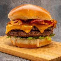 Bacon Cheeseburger · Two 3oz. ground beef patties topped with bacon, cheese, AEB sauce and Lettuce