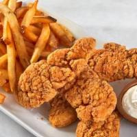 Chicken Tenders · Chicken tenders cooked golden-brown and crispy; served with a side of fries and blue cheese ...