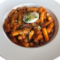 Mala Ddeok-Bokki · Rice cakes and fish cakes reduced in a sweet and spicy red chili sauce with our signature Ma...
