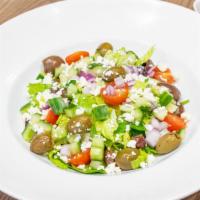 Greek Salad · Romaine, arugula, grape tomato, marinated olives, feta cheese, cucumber, red onions. Balance...