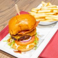 Angus Burger · Cheddar cheese, bacon, lettuce, tomato, onion. Chef's choice.