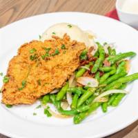 Chicken Fried Chicken · Whipped potatoes, green beans with bacon & onions, country gravy.