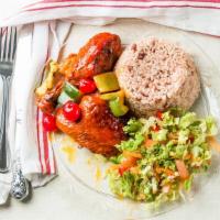 Bbq Chicken Meal · Served with rice and peas, white rice, or mac and cheese.