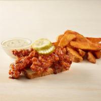 5 Tenders Hot · 5 Crispy Chicken Tenders, Served with One Side, One Dipping Sauce, White Bread, & Pickles.