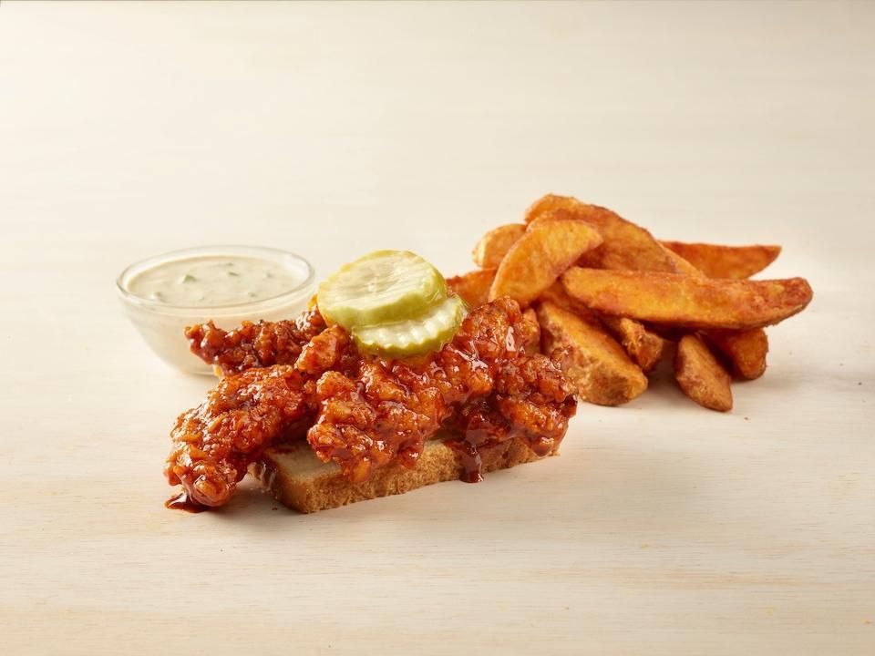5 Tenders Hot · 5 Crispy Chicken Tenders, Served with One Side, One Dipping Sauce, White Bread, & Pickles.