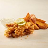 5 Tenders Classic Fried · 5 Crispy Chicken Tenders, Served with One Side, One Dipping Sauce, White Bread, & Pickles.