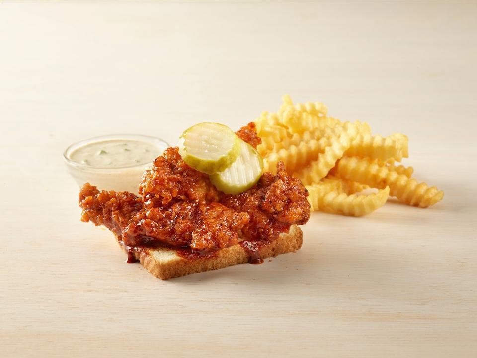 3 Tenders Hot · Three Crispy Chicken Tenders, Served with One Side, One Dipping Sauce, White Bread, & Pickles.