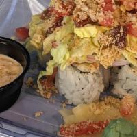 Shrimp Blt Yama Maki · Shrimp and Avocado roll topped with Kanikama, Spiced Bacon, Bibb Lettuce,  Tomato, Buttered ...