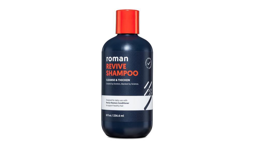 Roman Men'S Revive Shampoo To Exfoliate And Clarify With Peppermint, 8 Fl Oz · Roman Revive Shampoo's unique formula, enriched with saw palmetto, pumpkin seed oil, and caffeine, gently cleanses the scalp to support thicker-looking hair. Add this shampoo to your shower routine to leave your locks feeling reinvigorated and refreshed—and smelling great too. Designed specifically for men.