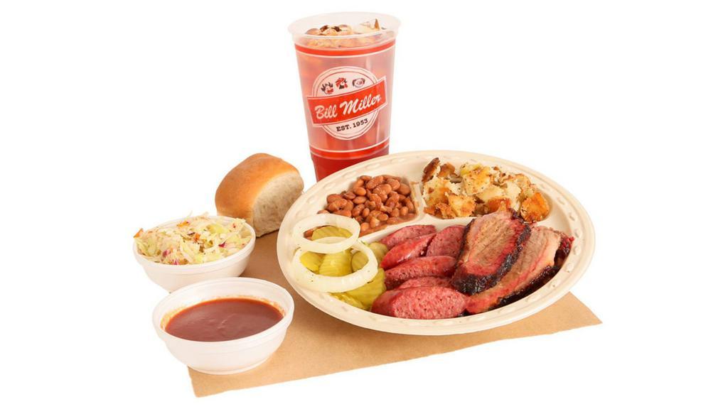 Combo Meal 8 · Rancher Plate and Large Tea. Choice of Two Meats with Three Side Orders and a Large Tea