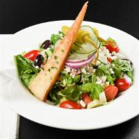 Greek Salad · Crisp mixed greens with carrots, tomatoes, onions, cucumbers, kalamata olives, and feta chee...