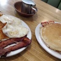 1 Pancake And 2 Eggs* · Served  with choice of patty or 2 links or 2 bacon or hamburger patty (no Hash Browns).