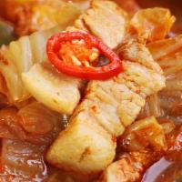 Pork Kimchi Soup · Kimchi, vegetable, pork, tofu, serrano.