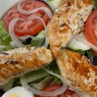 Grilled Chicken Salad  · Grilled chicken over mixed lettuce with tomato cucumbers, olives and hard boiled eggs with v...