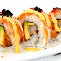 No Name Roll · In: Spicy Salmon, shrimp tempura, avocado.
Out: Salmon, spicy mayo, tobiko