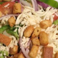 Chef Salad · Lettuce, tomatoes, green peppers, green and black olives, ham, turkey, onions, croutons, and...