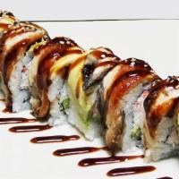 Dragon Roll · krab | cucumber | topped with black cod | avocado | faux-nagi sauce