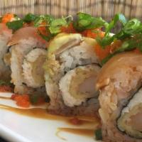Maui Wowie · shrimp tempura | krab | top w/ albacore | avocado | faux-nagi sauce| rayu | negi | masago
