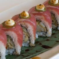 Rollz Royce · shrimp tempura | asparagus | topped with torched tuna | jalapeno | money sauce | garlic ponz...