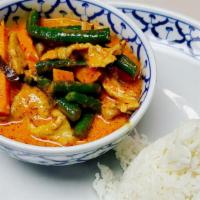 Jay Panang · Hot. Vegetarian duck, onions, carrots, bell peppers and lime leaves with panang curry.