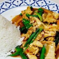 Pad Kra Pao · Hot. Sauteed with basil leaves, onions, mushrooms and bell peppers in hot and spicy chili sa...