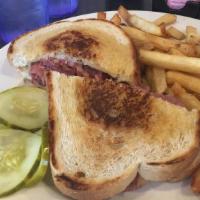 Corned Beef Sandwich · Corned beef and real Swiss cheese on grilled rye bread.