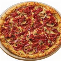 Red Top Pizza · Uncover the flavor! A white garlic sauce base topped with mozzarella cheese, pepperoni, mush...