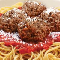 Meatball Marinara Pasta. · Your choice of pasta topped with meatballs, marinara and finished with Pecorino Romano chees...