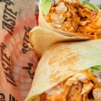 Katie · Grilled buffalo chicken with Cheddar, avocado, red onion, and ranch dressing on a wrap.