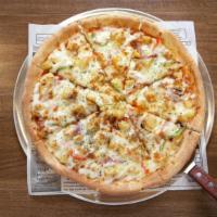 Sweet Potato Pizza · Hand tossed gourmet pizza with sweet potato, corn, pineapple, green pepper, onion and cheese.