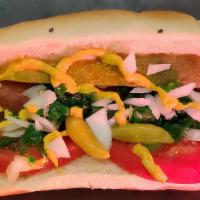 Chi Town Dog · Yellow mustard, chopped white onions, a dill pickle spear. Tomato slices, neon green sweet p...