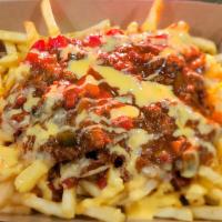 Chili Cheese Fries · Large fry topped with our homemade chili, diced onion, and Queso.
