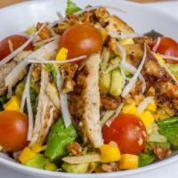 Grilled Chicken Salad · Gluten-free. Grilled chicken, romaine, spring mix, jicama, mango, avocado, cherry tomatoes, ...