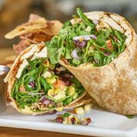 Southwest Spicy Chicken Wrap · Grilled chicken, spring mix, cilantro, avocado, tomatoes, red onions, corn, black beans, chi...