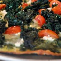 Kale Pesto · Homemade pesto, mozzarella, feta, cherry tomatoes and crispy kale. 1004 calories