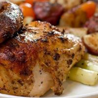 Rotisserie Chicken · Gluten-free. ¼ chicken served with lemon garlic herb oil, herb roasted potatoes, roasted asp...