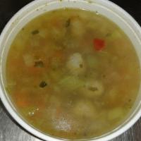 Pasta Fagioli Soup · Rustic white bean
soup with tubettini pasta and a touch
of hand crushed tomatoes
