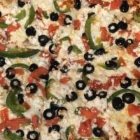 Margherita Pizza · Round thin crust pizza with fresh mozzarella, basil & parmesan cheese.