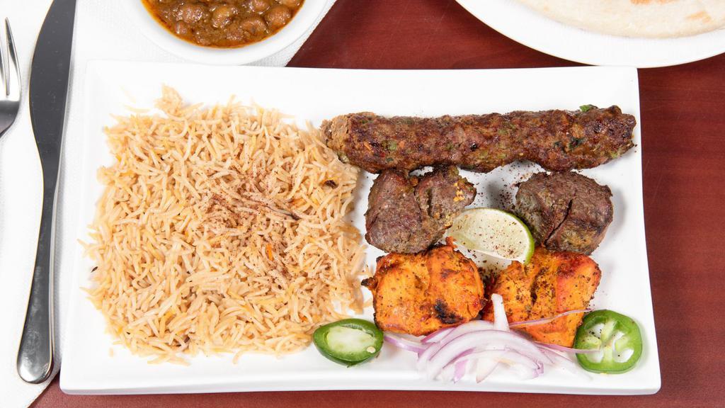 Combo Kabob For One · Two pcs boneless chicken and two pcs lamb kabob and one piece beef seekh kabob.